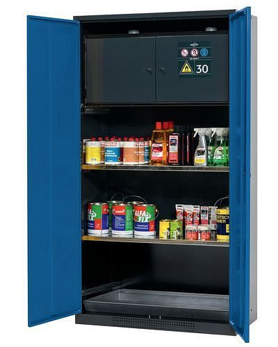 asecos Chemikalienschrank Systema-Plus, anthrazit, blau, Sicherheitsbox und Einlegeböden, Typ CS-30, 218481