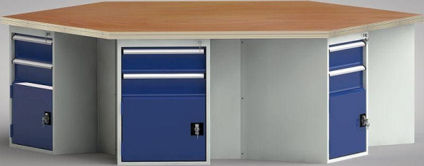 KLW PROFI-Werkbank in Sechseckform (ERGO-Version) mit Buchen-Multiplexplatte in 6-Eck-Form 2338 x 2700 x 45 mm L x B x S, WP620E-1350M45-E8006