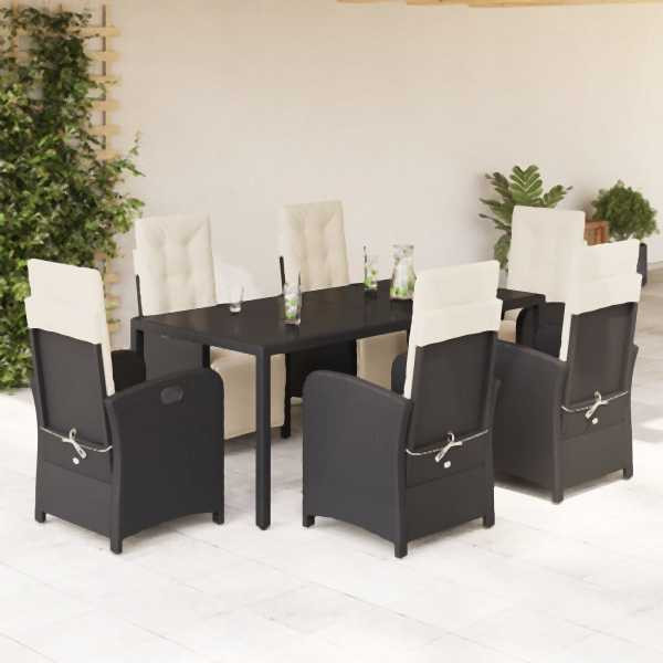 vidaXL 7-tlg. Garten-Essgruppe mit Kissen Schwarz Poly Rattan, UV-beständig, 3212454