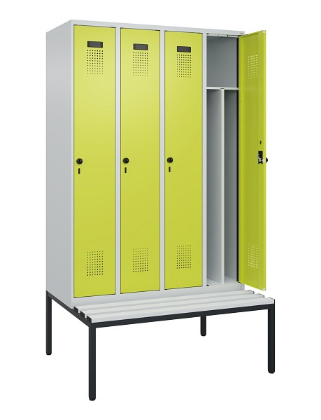 C+P Spind Evolo PLUS, 4 Abteile, 2120x1200x815mm, 7035/0024, Haken 4, Drehriegel, Sitzfläche Kunststoff, Sitzbank, 0490507-40F S10069