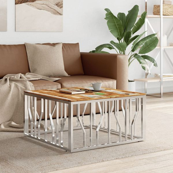 vidaXL Couchtisch Silbern Edelstahl und Altholz Massiv, 350064