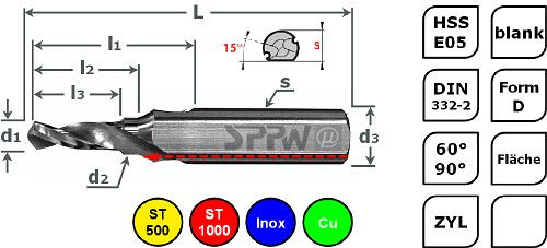 SPPW Stufenzentrierbohrer HSS-E05 Form D-FL M6 - 5,0x6,4x12,5, 1234200600