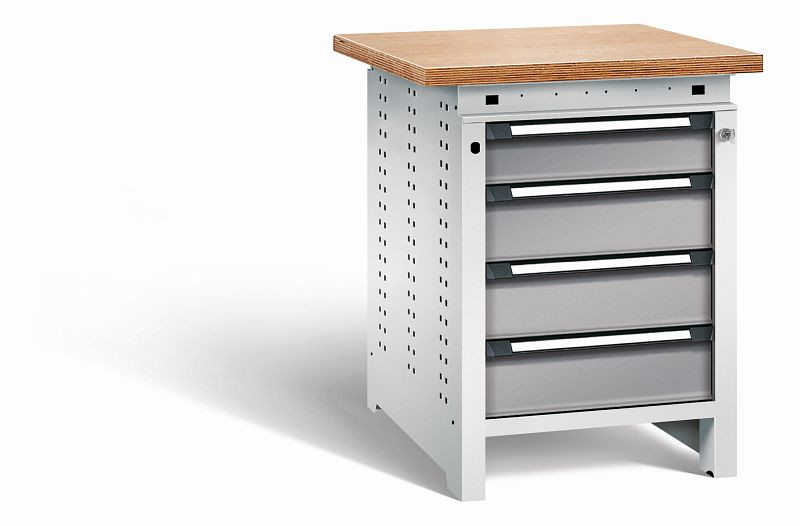 Otto Kind Werkbank Serie function Typ 107, Multiplexplatte, überstehend, 4 Schubladen, mit Zentralverschluss, Gehäuse RAL 7035, Front RAL 7037, 072324267
