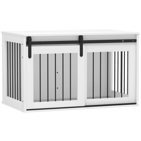 PawHut Hundebox Hundekäfig, Verriegelbar, Holzoptik, rustikales Design, 98 x 58 x 67 cm, Weiß + Schwarz, D02-169V02WT