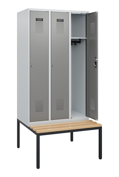 C+P Spind Evolo PLUS, 3 Abteile, 1950x900x815mm, 7035/0004, Zylinderschloss, Sitzfläche Buche-Hartholz, Sitzbank, 0490505-30 S10041