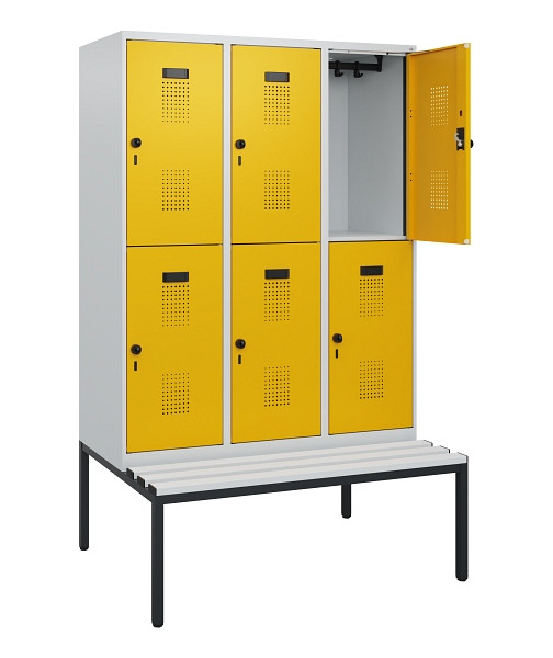 C+P Doppelstöckiger Spind Evolo PLUS, Bank, 6 Fächer, 1950x1200x815mm, 7035/1004, Drehriegel, Sitzfläche Kunststoff, Sitzbank, 0493505-32 S10082