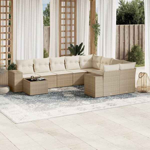 vidaXL 10-teilig Garten-Sofagarnitur mit Kissen Beige Poly Rattan, 3255395