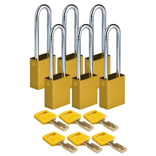 Brady Vorhängeschlösser SafeKey, Aluminium, VE: 6 Stück, lichte Bügelhöhe 76,20 mm, gelb, 307959