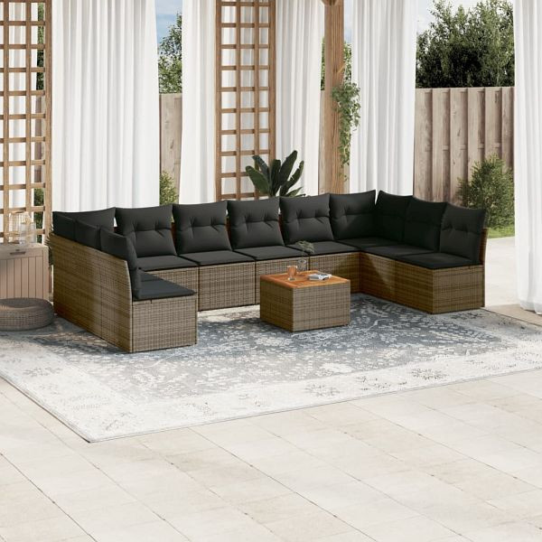 vidaXL 11-tlg. Garten-Sofagarnitur mit Kissen Grau Poly Rattan, 3223799