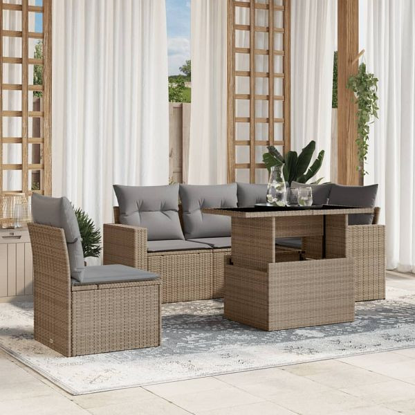 vidaXL 6-teilig Garten-Sofagarnitur mit Kissen Beige Poly Rattan, 3267279