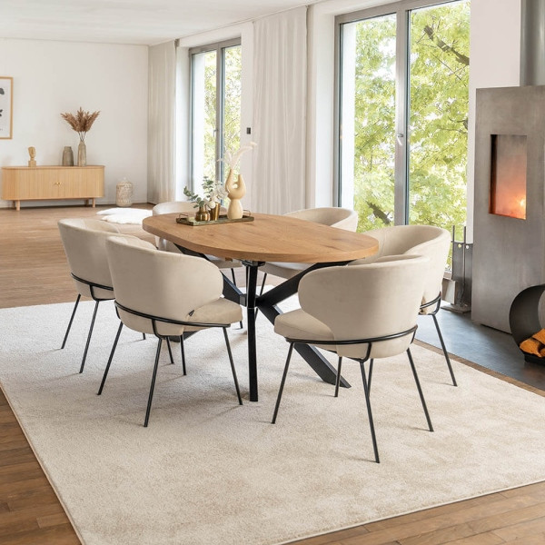 HOME DELUXE Essgruppe Oval Ausziehbar AVENTI inklusive Sternfuß 160x100 cm Light Oak NODA Samt Hellbraun 8x, 54455
