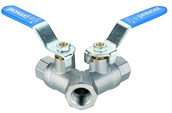 Prevost Kugelhahn mit 2 Hähnen paralleles PN 16, IG BSPP= G 3/4, IG BSPP= 2 x G 1/2, RD 21