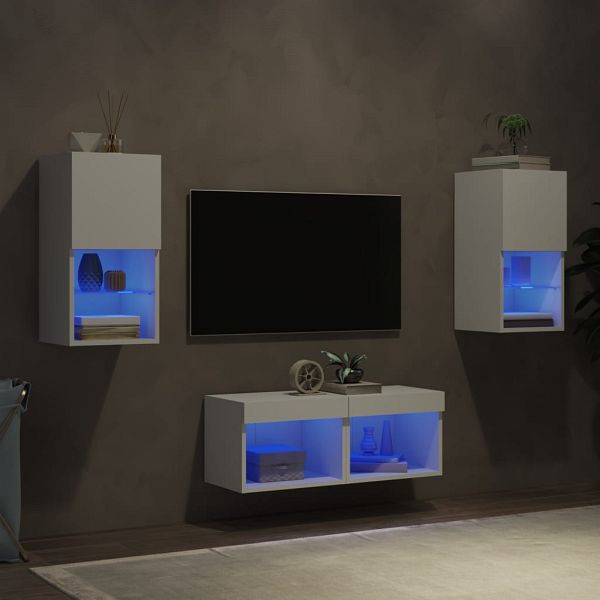 vidaXL 4-teilig TV-Wohnwand mit LED-Leuchten Weiß, 3216569