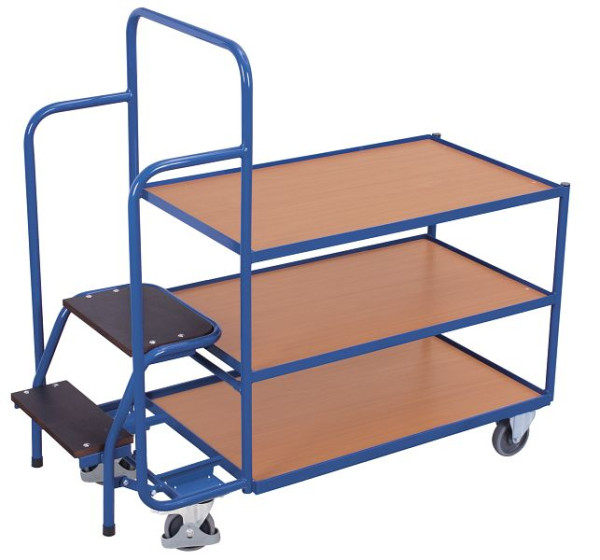 VARIOfit Kommissionierwagen mit 3 Ladeflächen, niedrig, Außenmaße: 1.455 x 625 x 1.320 mm, RAL 5010 enzianblau, sw-600.615