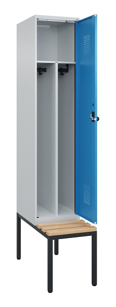 C+P Spind Evolo PLUS, 1 Abteile, 2120x400x815mm, 7035/5012, Haken 4, Drehriegel, Sitzfläche Buche-Hartholz, Sitzbank, Trennwand, 0490507-12F S10007