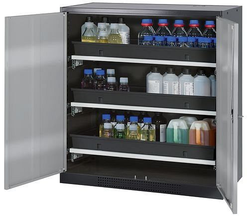asecos Chemikalienschrank Systema-T CS-103, Korpus anthrazit, Flügeltüren silber, 3 Tablarauszüge, 208870