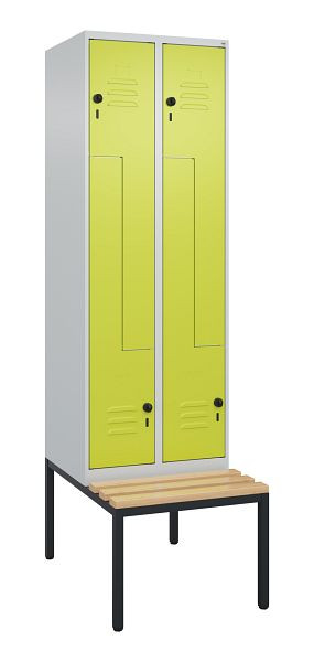 C+P Z-Spind Classic PLUS, mit untergebauter Sitzbank, 4 Abteile, 2120x600x815mm, 7035/0024, Drehriegel, Buche-Sitzleisten, 0800537-204 S10010