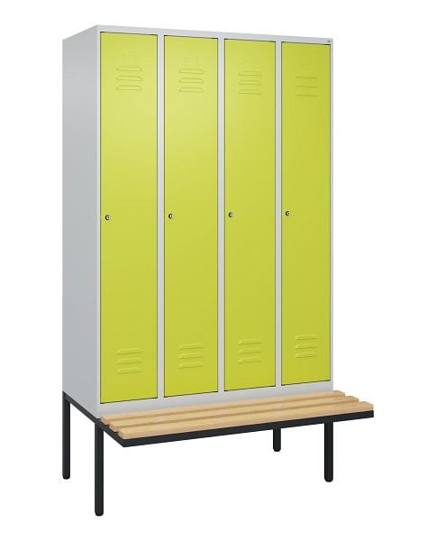 C+P Umkleidespind Classic PLUS, 4 Abteile, 2120x1200x815mm, 7035/0024, Zylinderschlösser, Buche-Sitzleisten, je 2 Doppel-Haken, 0800407-40F S10054