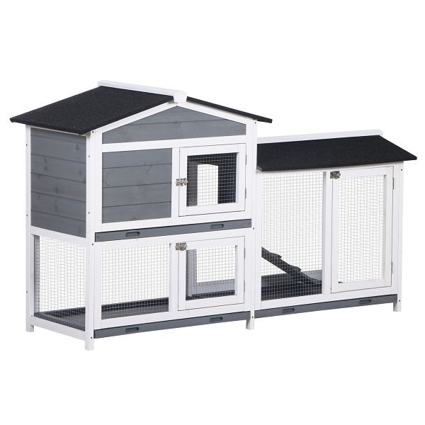 PawHut Hasenstall Kaninchenstall mit Freilaufgehege Rampe Kleintierstall aus Holz mit 2 Etagen Bodenwanne 157,4x53x93,5cm Grau, D51-131GY