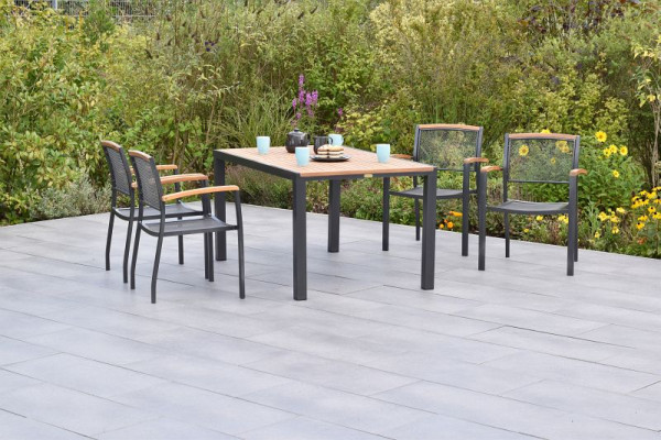 Merxx Tilos Set 5-teilig, 4 Tilos Stapelsessel, 1 Tisch 150 x 90 cm, Tischplatte aus Akazienholz, Aluminium mit FSC Akazienholz, 50790-217