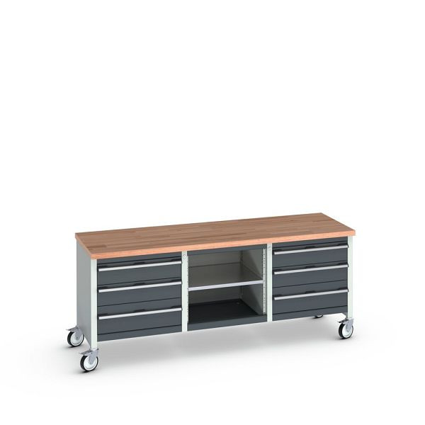 bott cubio Kastenwerkbank mobil 6 Schubladen, Ablage, Rotbuche-Arbeitsplatte, BxTxH: 2000x750x840mm, RAL 7035/7016, Anthrazitgrau, 41002131.19V