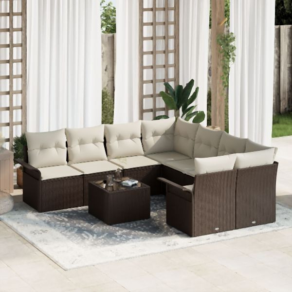 vidaXL 9-teilige Garten Sofagarnitur mit Kissen braunes Poly-Rattan, 3345298