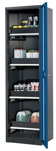 asecos Chemikalienschrank Systema-T CS-54RG, Korpus anthrazit, Flügeltüren blau, 4 Tablarauszüge, 208921
