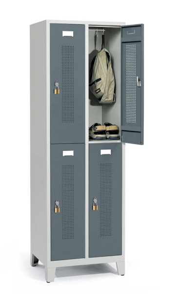 Deskin Doppelstöckiger Spind mit Füßen, Blaugrau RAL 7031, 590 x 500 x 1800 mm, 4 Abteile, Korpus: Lichtgrau RAL 7035, 331404