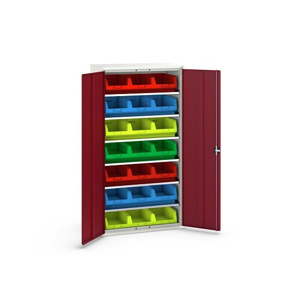 bott verso Magazinschrank, mit 6 Fachböden und 21 Sichtlagerkästen, BxTxH: 1050 x550 x 2000 mm, Lichtgrau / Purpurrot, 16926551.24