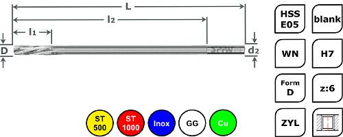 SPPW Maschinenreibahle HSS-E05 WN D L: 80x60x20 Ø2,0 H7, 5131200200