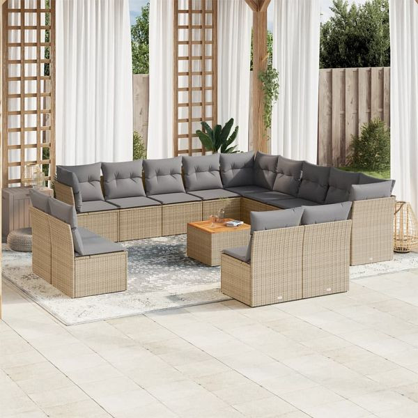 vidaXL 14-teilig Garten-Sofagarnitur mit Kissen Beige Poly Rattan, 3223938