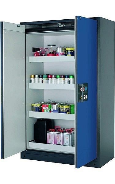 asecos Sicherheitsschrank Q-PEGASUS-90, Q90.195.120.WDAC in enzianblau RAL 5010 mit 3x Wannenboden Standard (Stahlblech), 30002-047-30007