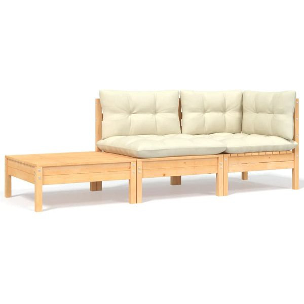 vidaXL 3-teilig Garten-Lounge-Set mit Kissen in Creme Massivholz Kiefer, 806670