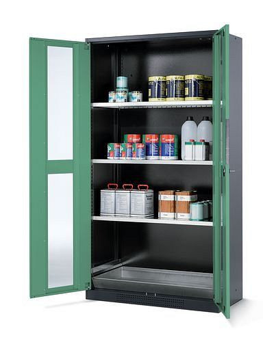 asecos Chemikalienschrank Systema CS-103G, Korpus anthrazit, grün, 3 Einlegeböden und Bodenwanne, 202682