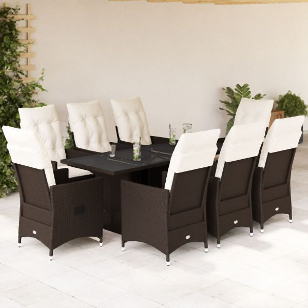 vidaXL 9-tlg. Garten-Essgruppe mit Kissen Braun Poly Rattan, 3276778