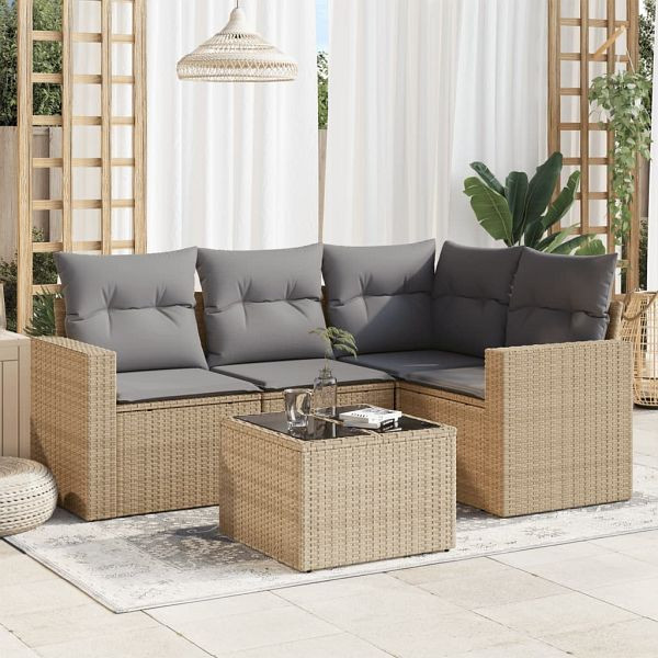 vidaXL 5-teilig Garten-Sofagarnitur mit Kissen Beige Poly Rattan, 3218909