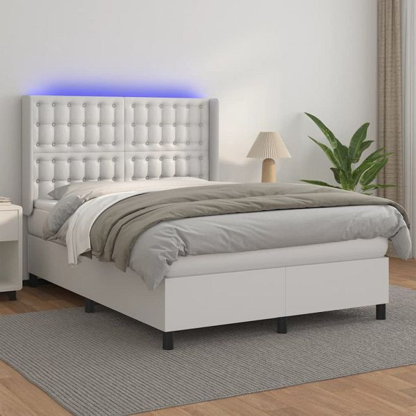 vidaXL Boxspringbett mit Matratze & LED Weiß 140x200 cm Kunstleder, 3139386
