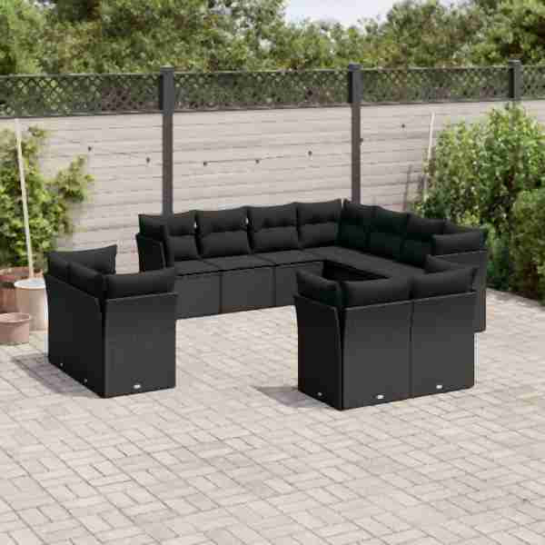vidaXL 11-tlg. Garten-Sofagarnitur mit Kissen Schwarz Poly Rattan, UV-beständig, 3218505