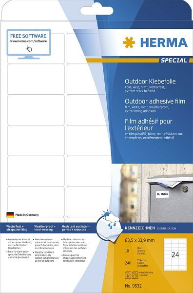 HERMA 9532 Etiketten A4 Outdoor Klebefolie weiß 63,5x33,9 mm Folie matt 240 St., 9532