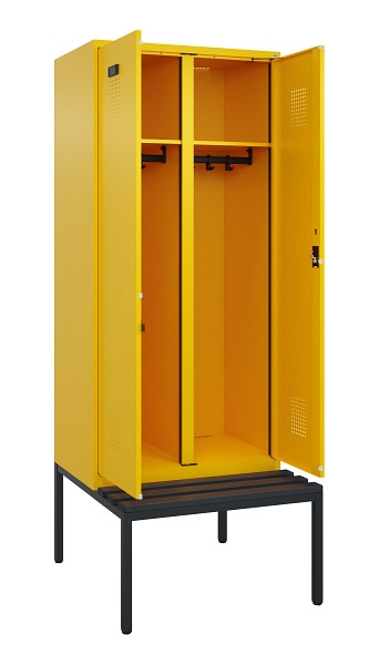 C+P Schwarz-Weiß-Spind Evolo PLUS, Bank, 2 Abteile, 2120x800x815mm, 1023/1023, Zylinderschloss, Sitzfläche Kunststoff, Sitzbank, 0490527-22 S10102