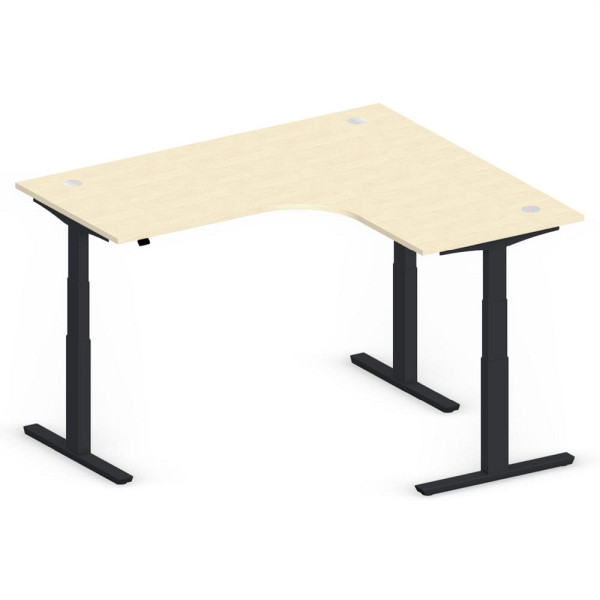 Deskin XXL Sitz-/ Stehschreibtisch Jumbo MULTI M, Ahorndekor, T-Fuß-Stahlgestell in Schwarz RAL 9005, rechtsseitig geformt, 295170