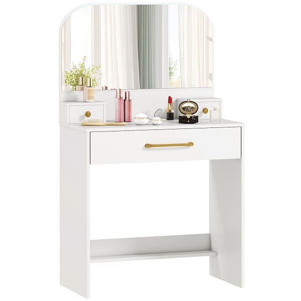 HOMCOM Schminktisch mit Spiegel, Kompakter Schminktisch mit 3 Schubladen, Weiß, 83D-166V90WT