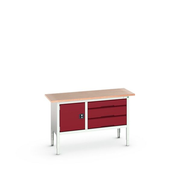 bott verso Kastenwerkbank (Multiplex-Platte) mit 3 Schubladen und 1 Tür, BxTxH: 1500 x 600 x 830 - 930 mm, Lichtgrau / Purpurrot, 16923014.24