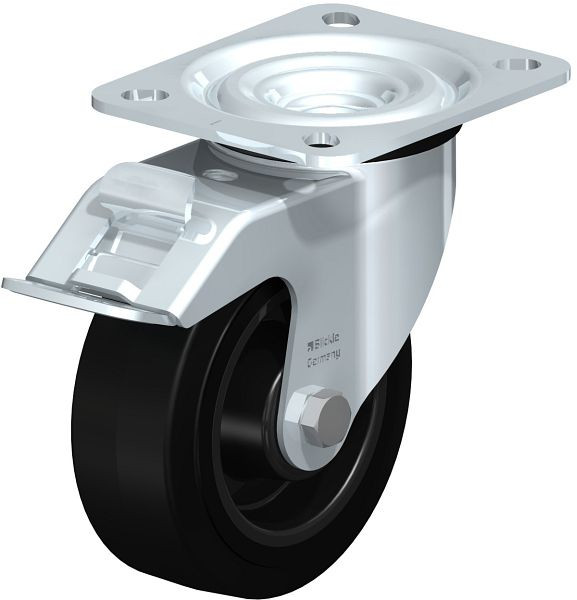 Blickle L-POEV 100G-FI Stahlblech-Lenkrolle, mittelschwere Ausführung, mit Anschraubplatte & Feststeller, Elastik-Vollgummi, Schwarz, 269621