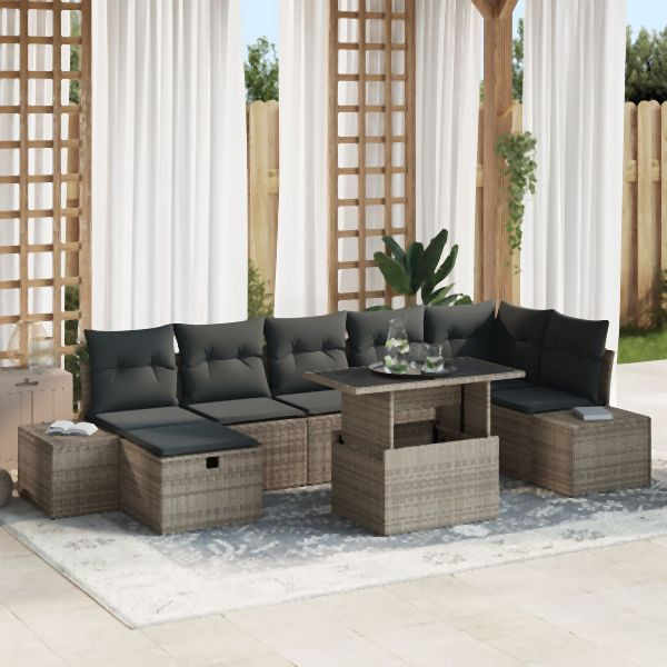 vidaXL 8-teiliges Garten Sofaset mit Kissen Grau Poly Rattan, 3361218