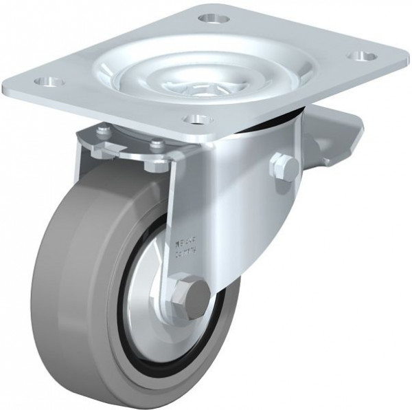 Blickle LK-POEV 100K-3-ST-SG-FA Stahlblech-Lenkrolle, schwere Ausführung, mit Anschraubplatte & Feststeller, Elastik-Vollgummi, Grau, 750325