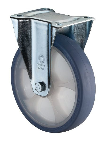 BS Rollen Transportrolle Bockrolle, thermoplastisches Gummirad, Reifen lichtblau, Felge natur, Rollenlager, Platte, Durchmesser: 200 mm, L410.B44.201.05