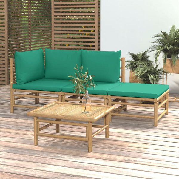 vidaXL 4-tlg. Garten-Lounge-Set mit Grünen Kissen Bambus, 3155144