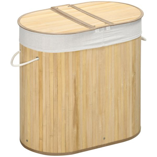 HOMCOM Wäschekorb 100L Wäschebox mit Deckel, Griff, 2 Abschnitten Bambus Natur, 850-220V00ND