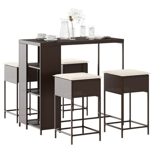 vidaXL 5-tlg. Gartenbar-Set mit Kissen Braun Poly Rattan, 3261491